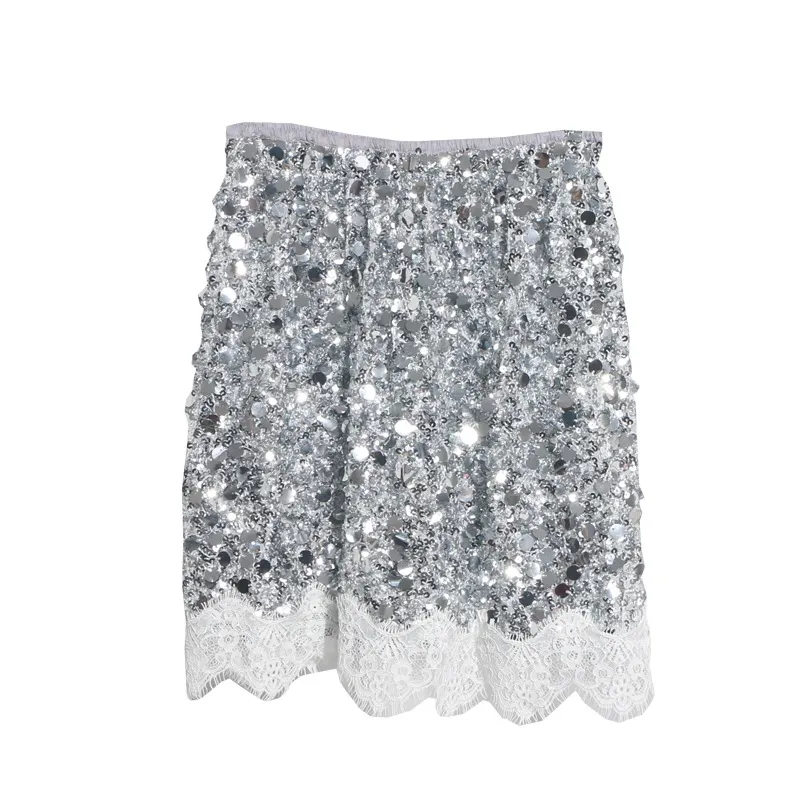 Brownm Real Shoot Spice Girl Squin A-Word Skirt Girl Summer Tight High Waist Anti-Walking Light Lace Side Hip Skirt 5551