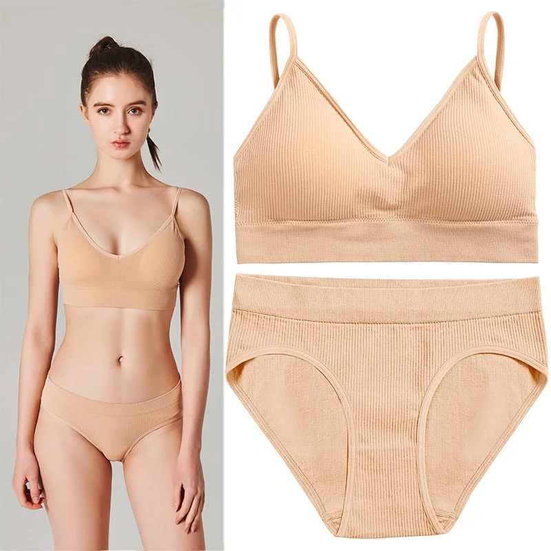 Fashion Seamless Bra Set Women Panties + Wireless Bras Underwear Set Basic Crop Tops Camisole Tank Briefs Intimate Lingerie Suit