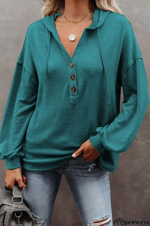 Button Down Casual Loose Solid Hoodie