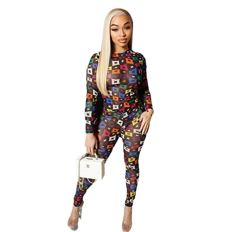 Uveng Uveng Women's Autumn And Winter Round Collar Collar Color Pattern Printing Mesh Yarn Perspective Tight Suit