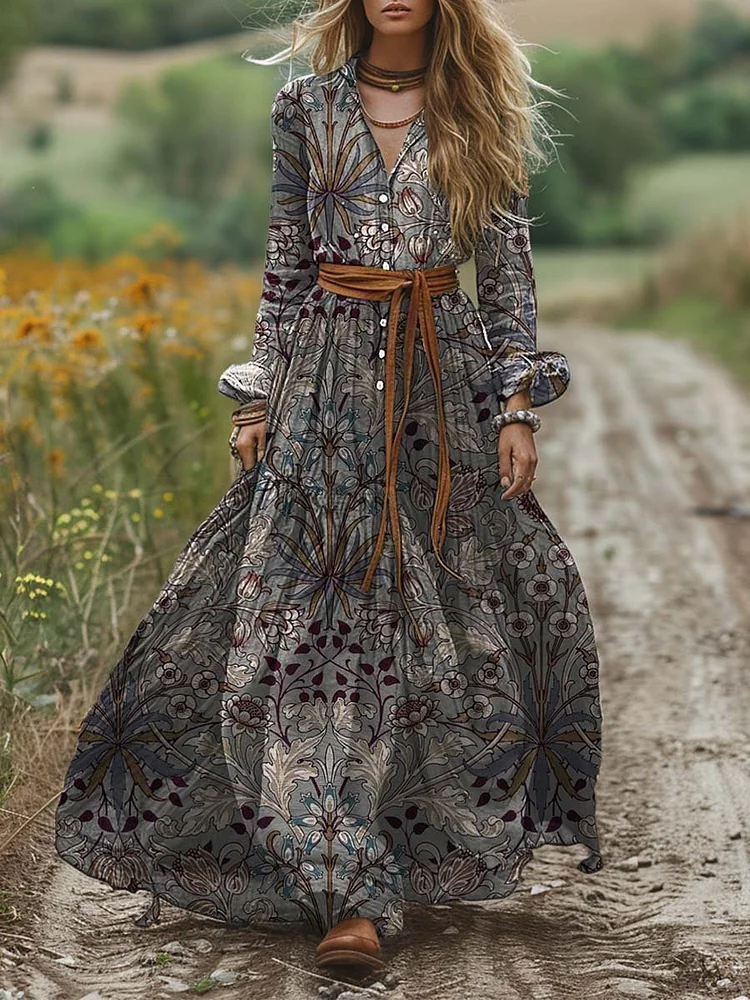 Women's Vintage Shirt Collar Long Sleeve Dress Positioned Print Pocket A-Line Linen Dress