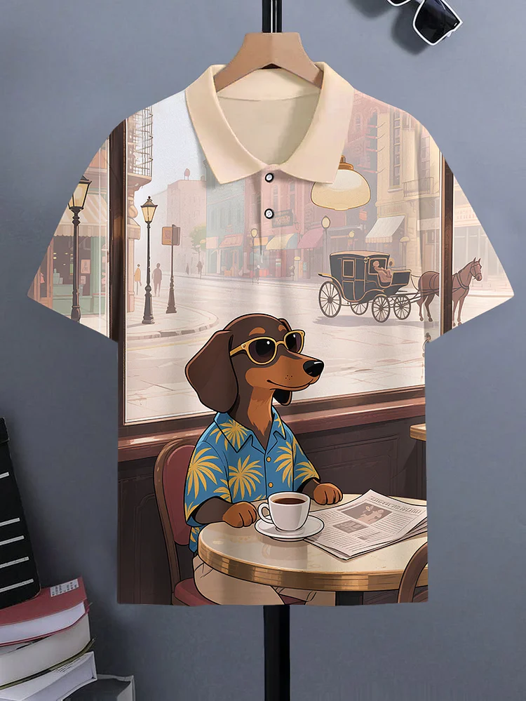 Men's Dachshund Dog Loves Coffee Print Casual Polo Shirt