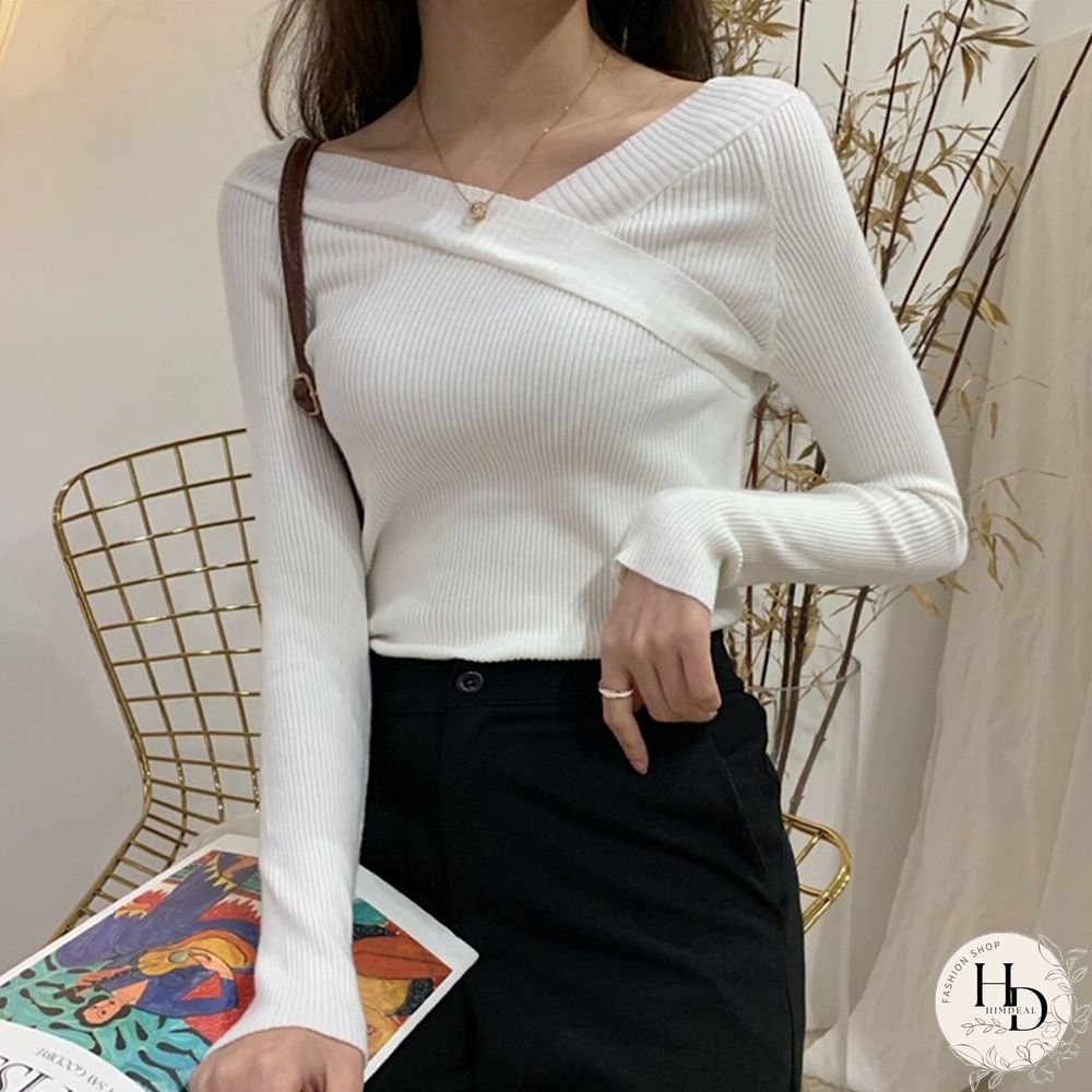 Christmas Gift Womens Sexy Knit Sweater Solid Color Fashion Neck Cross Front Slim Jumper