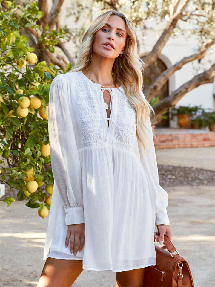 Lace Strap Solid Color Long Sleeve Dress