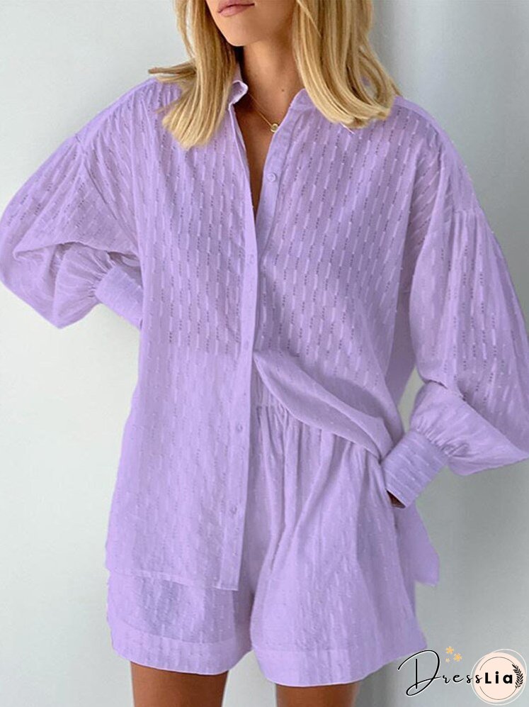 Elegant Jacquard Shorts2 Pieces Set Women Solid Long Sleeves Shirts Pants Sets Female Casual Tops Vacation Outfits