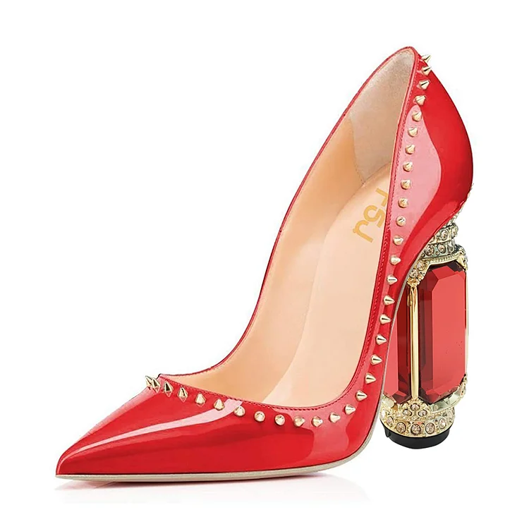 Red Patent Leather Rivets Evening Shoes Rhinestone Heel Pumps |FSJ Shoes