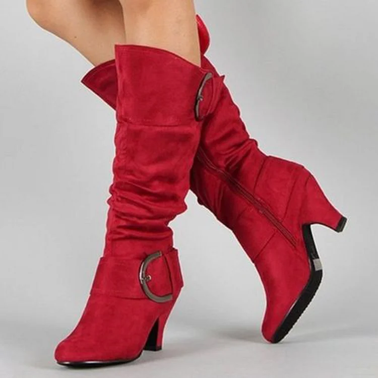 Daily Red Belt Buckle Pointed Thick High-Heeled Boots