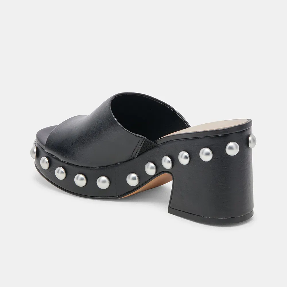 Black Round Toe Chunky Heel Platform Mules Shoes with Studded