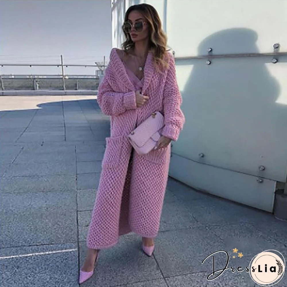 Winter Lapel Knitted Solid Color Long Oversize Sweater