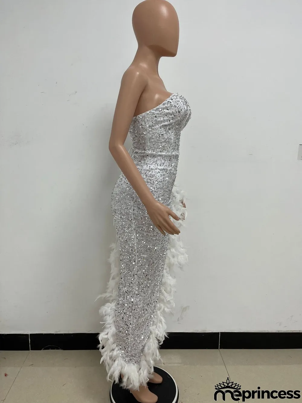 Women Sexy Off Shoulder Backless Sequin Feather Dress