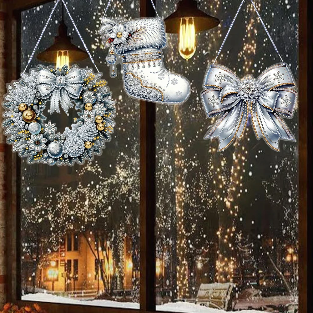 3Pcs Acrylic Winter Christmas 5D DIY Diamond Painting Dot Pendant for Wall Decor
