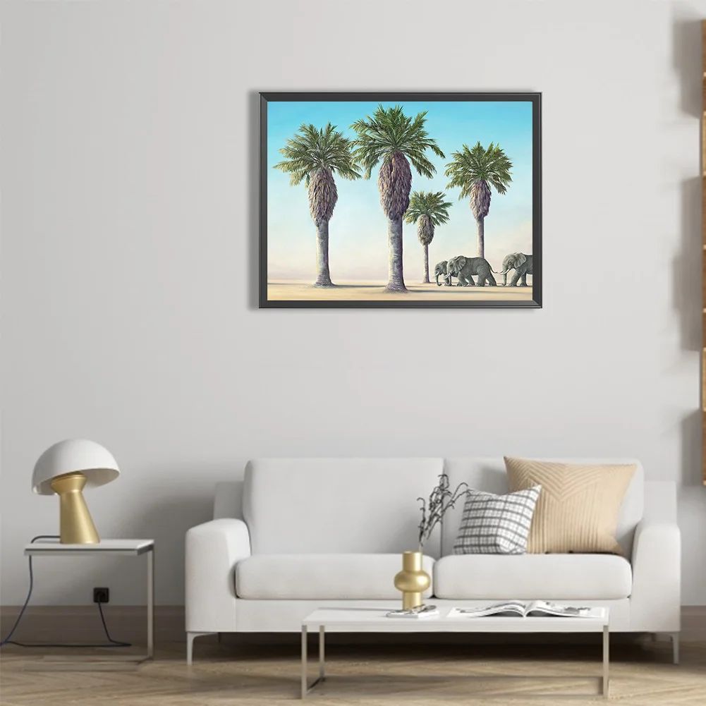 Full Round Diamond Painting 35*30cm - Palm Trees And Elephants