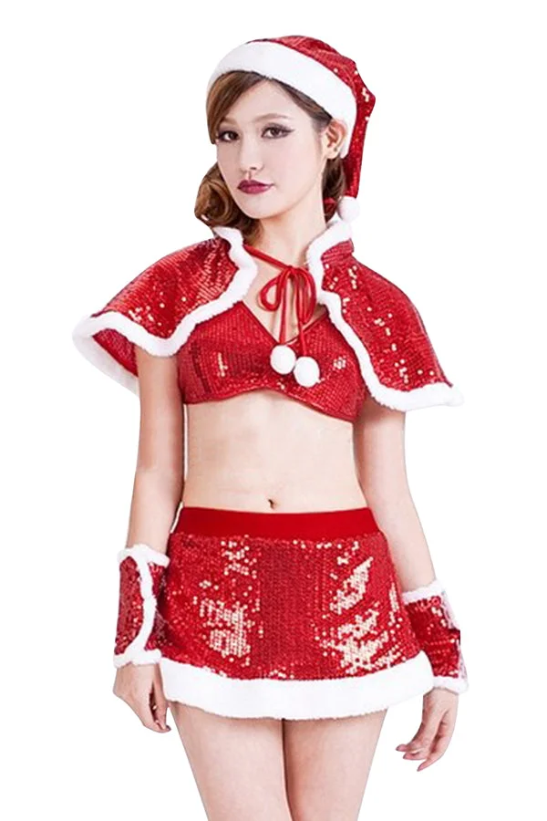 Womens Sexy Sequin Cape Crop Top Christmas Santa Costume Red-elleschic