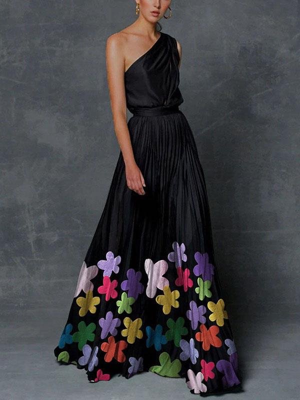 Elegant One Shoulder Flower Print A Line Prom Dress
