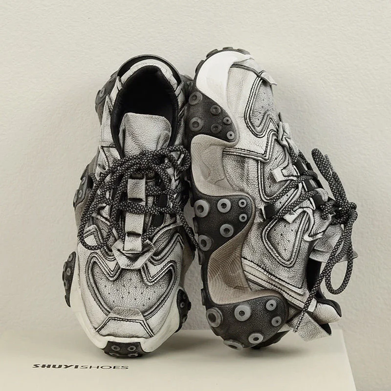 Breakj 2022 Fall Retro Rub Colored Authentic Leather Clunky Sneakers Female Niche Distressed Octopus Sports Leisure Dirty Shoes