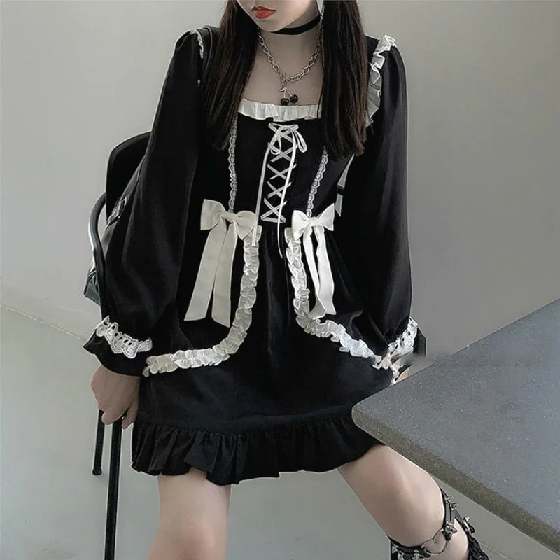 Japanese Gothic Black Kawaii Bow Mini Dress SP17317