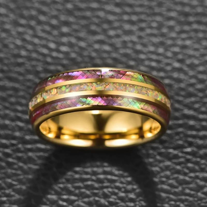 8mm Colored Broken Opal Inlay Tungsten Carbide Rings Men's Wedding