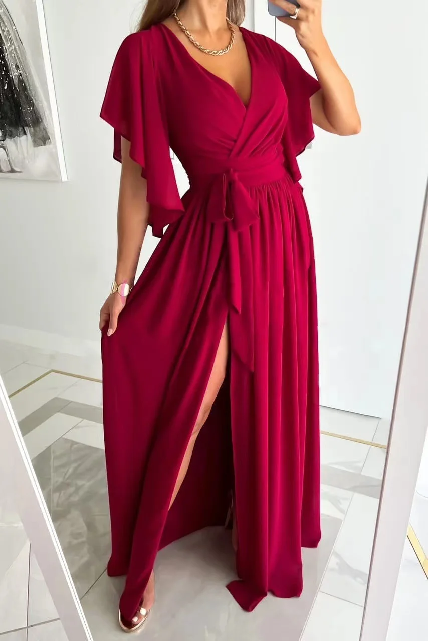 Red Casual Elegant Solid Patchwork Slit V Neck Straight Dresses | EGEMISS