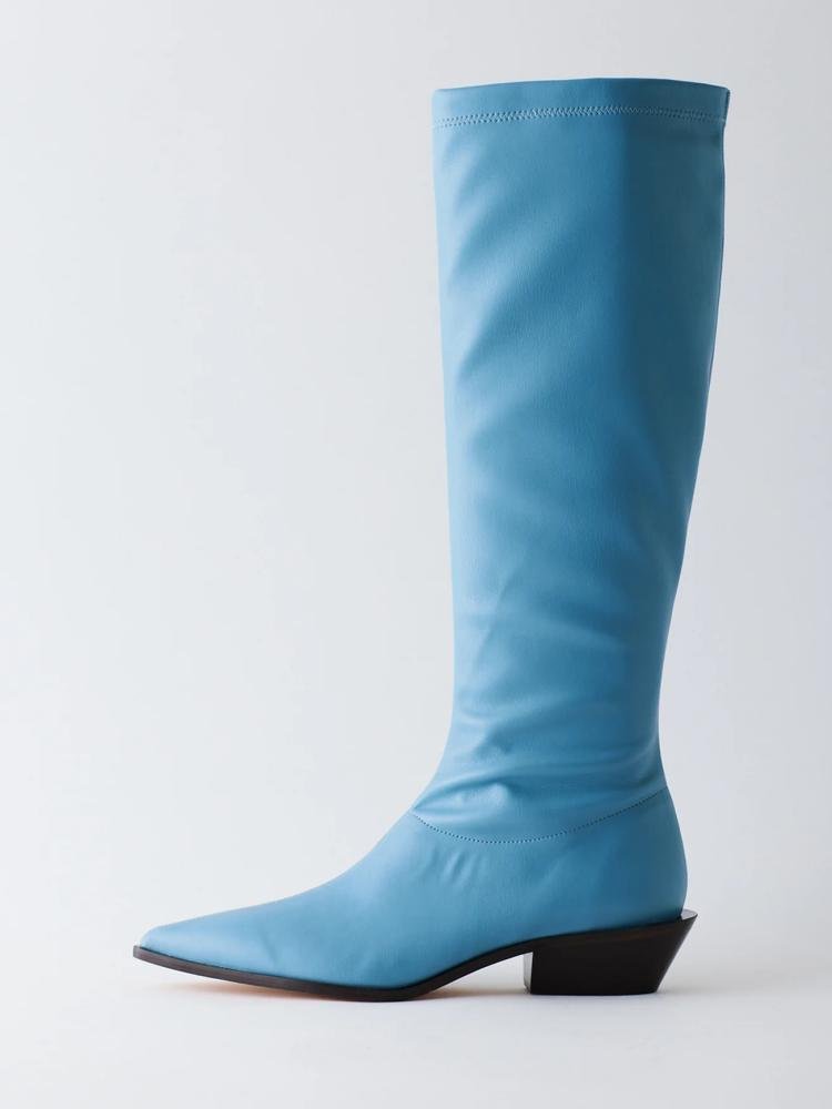 Blue Elastic Low Chunky Heel Western Mid Calf Boots