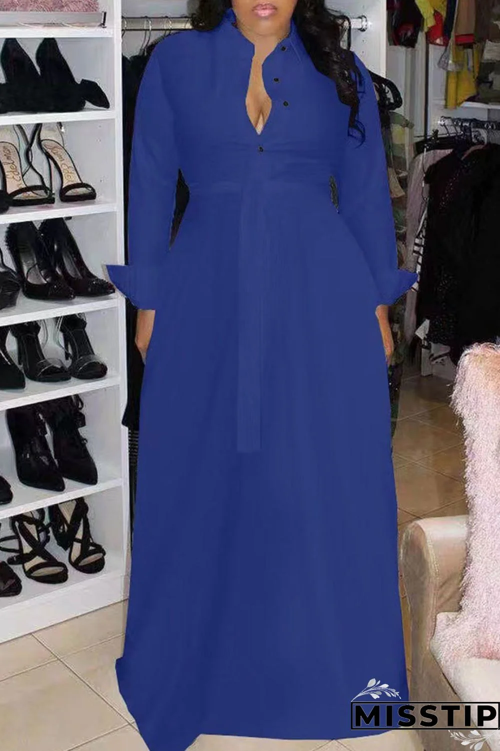Deep Blue Casual Solid Bandage Patchwork Buckle Turndown Collar Straight Dresses