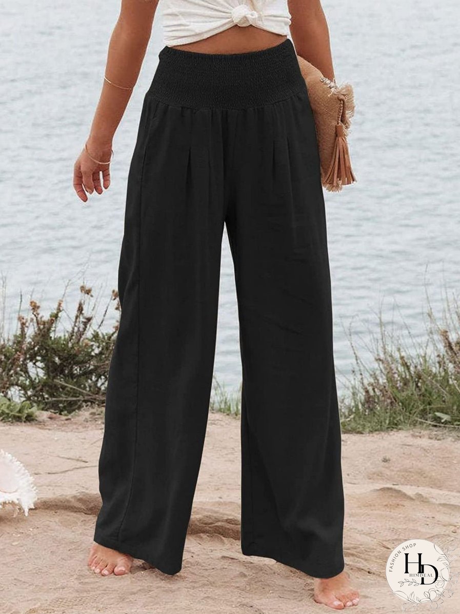 Cozy Co Crinkle Gauze Smocked Waist Wide Leg Side Slit Palazzo Pants