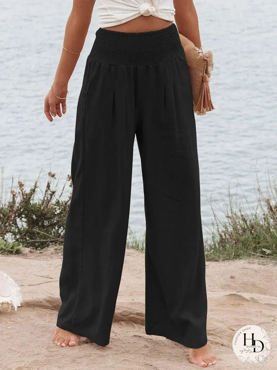 Cozy Co Crinkle Gauze Smocked Waist Wide Leg Side Slit Palazzo Pants