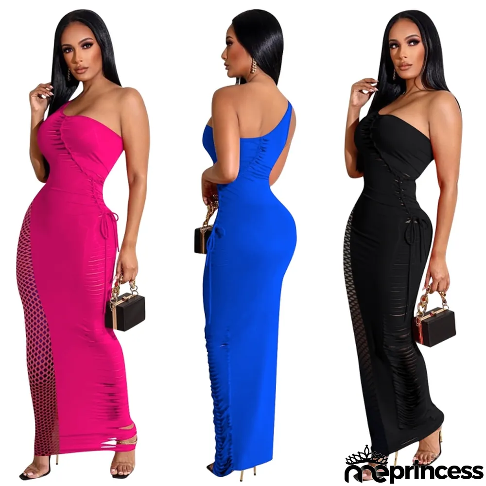 Women Summer Blue Modest Slash Neck Sleeveless Patchwork Lace Up Maxi Dress