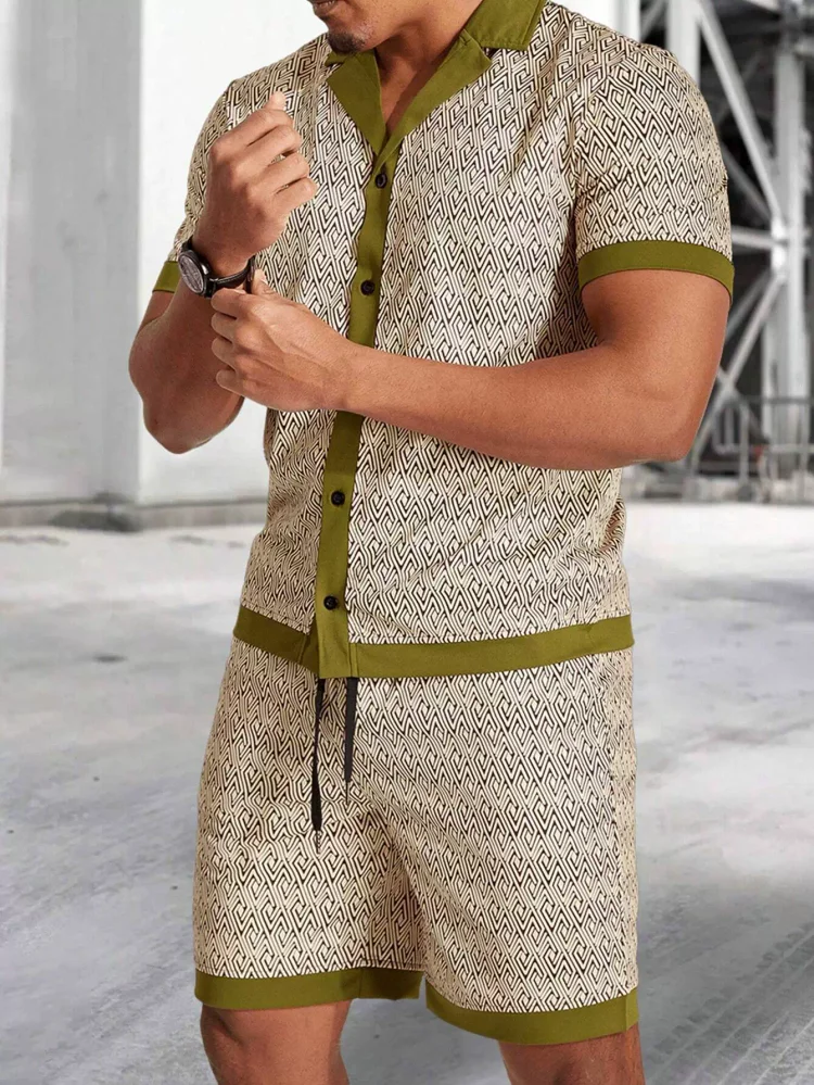 Men's Classic Casual Striped Digital Print Cuban Collar Shirt Shorts Two-Piece Set