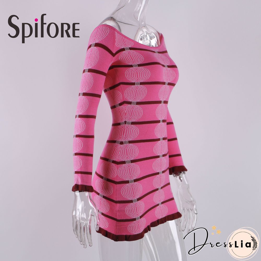 Spifore Off Shoulder Sexy Mini Dress Slash Neck Long Sleeve Bodycon Ladies Outfit Clubwear Party Stretch Knitted Vestidos Winter