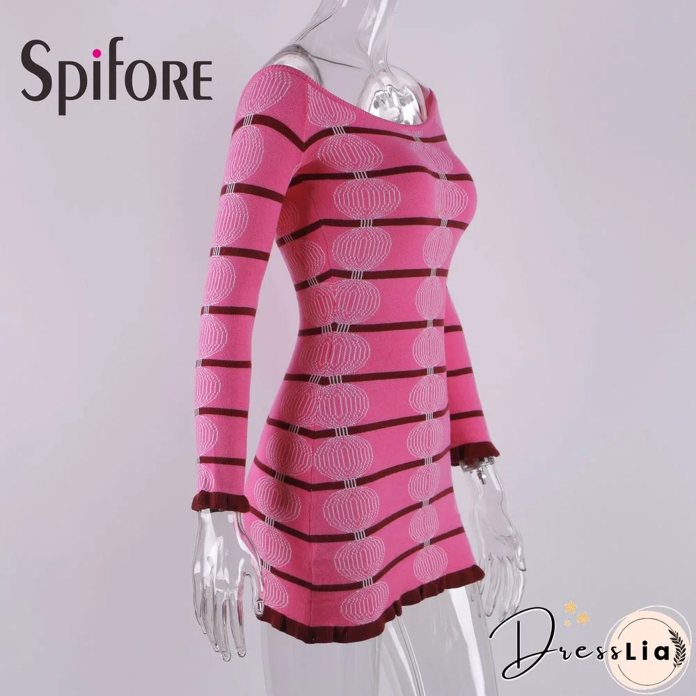 Spifore Off Shoulder Sexy Mini Dress Slash Neck Long Sleeve Bodycon Ladies Outfit Clubwear Party Stretch Knitted Vestidos Winter