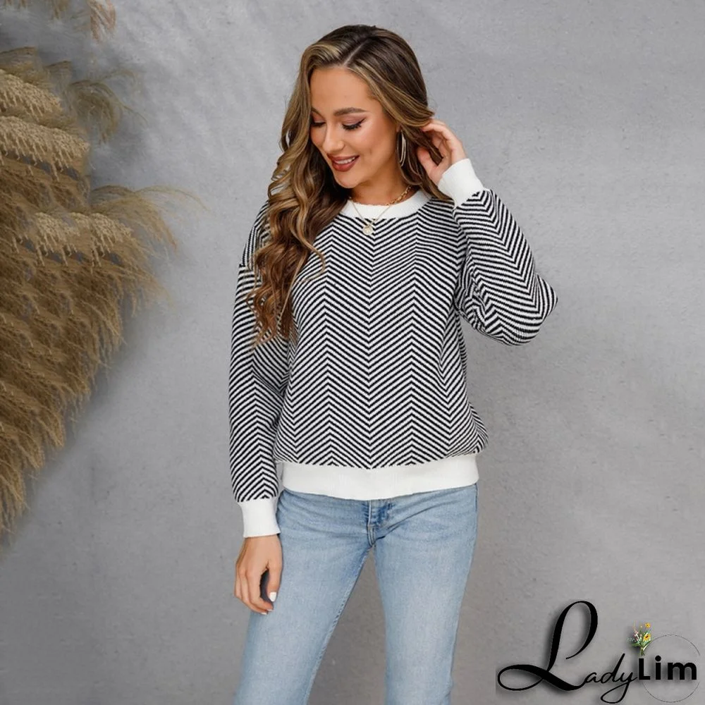 WomenBasic Round Neck Long Sleeve Striped Sweater