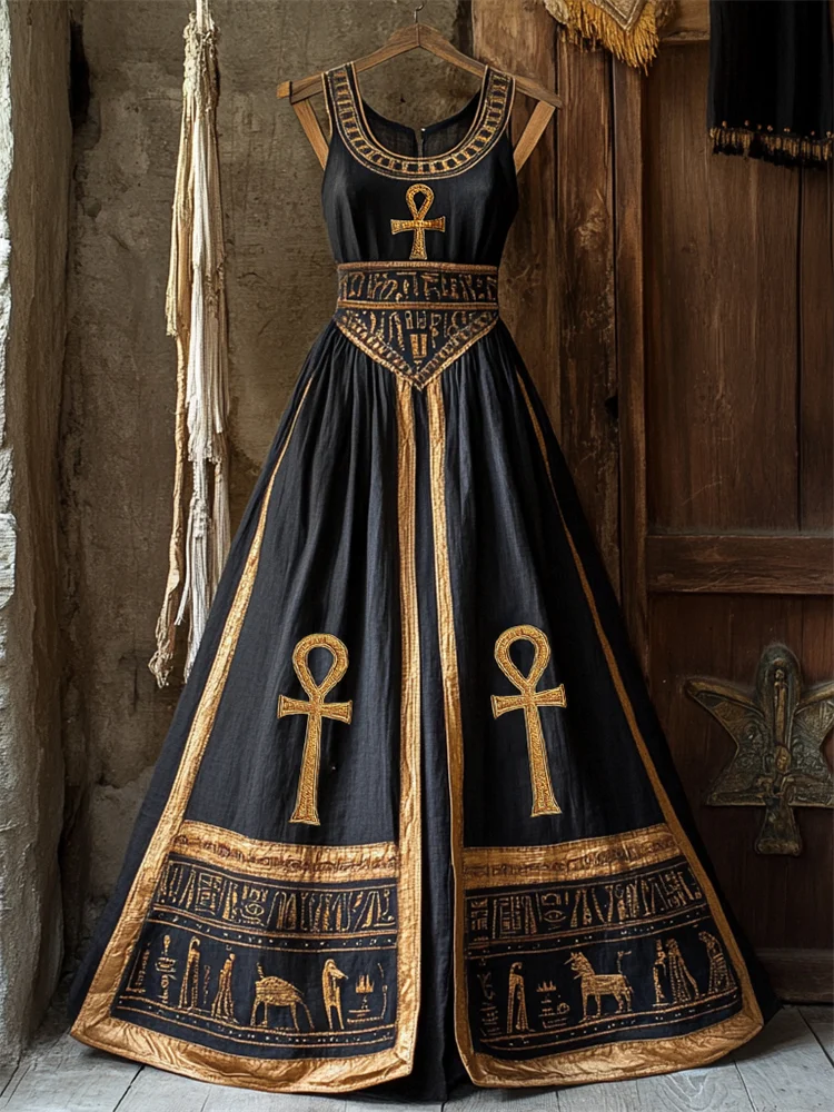 Vintage Ankh Ancient Egyptian Embroidered Linen Maxi Dress