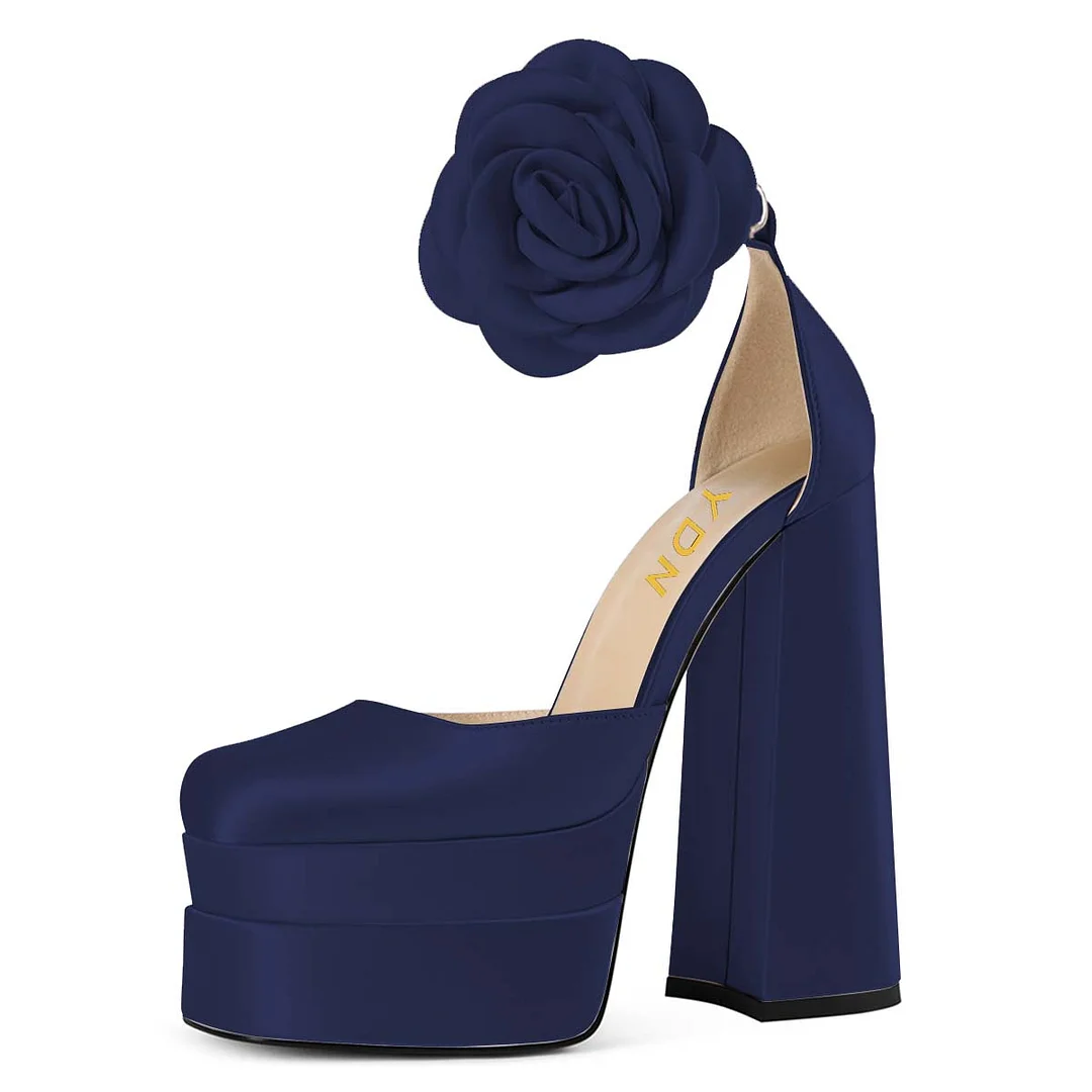 YDN Chic Navy Satin Square Toe Flower Ankle Strap Platform Heels