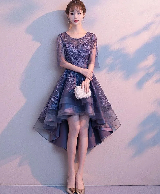 Purple Tulle Lace Short Prom Dress, Purple Evening Dress