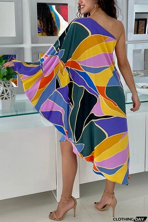 Multi Print Asymmetrical One Shoulder Dress