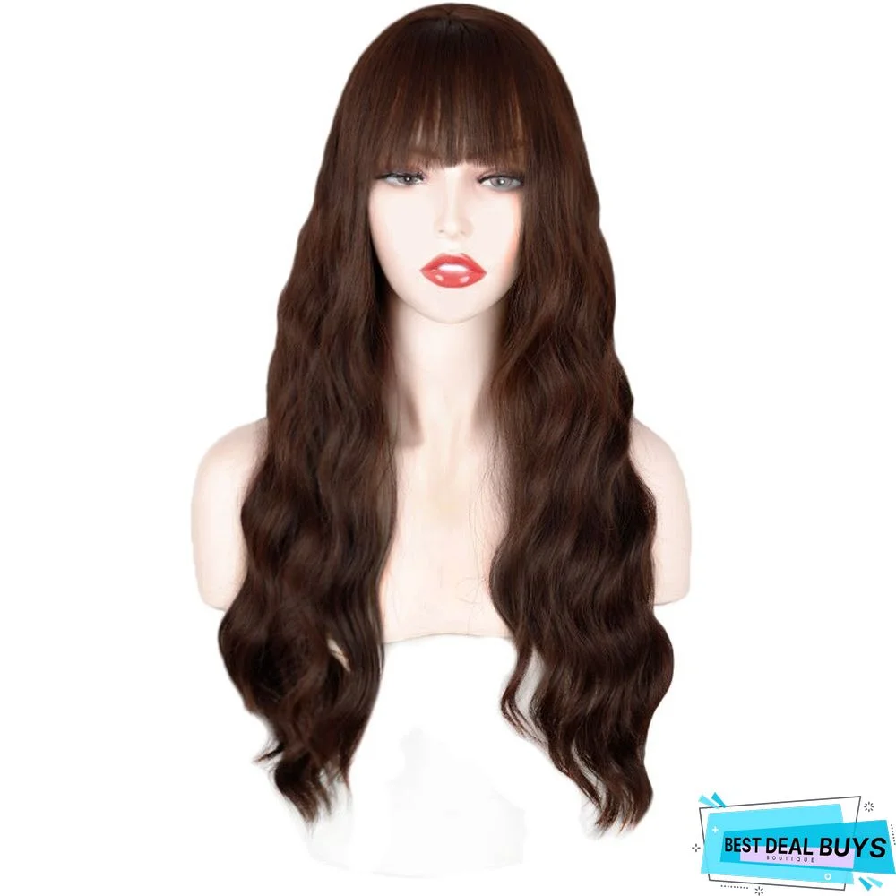 Qi Bangs Long Curly Wavy Chemical Fiber Wig Head Cover