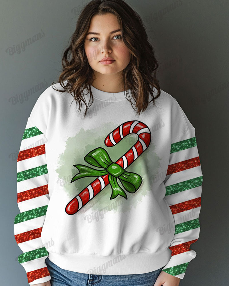 Big and Tall Funny Christmas Candy Cane Print Casual Long Sleeve Sweatshirt