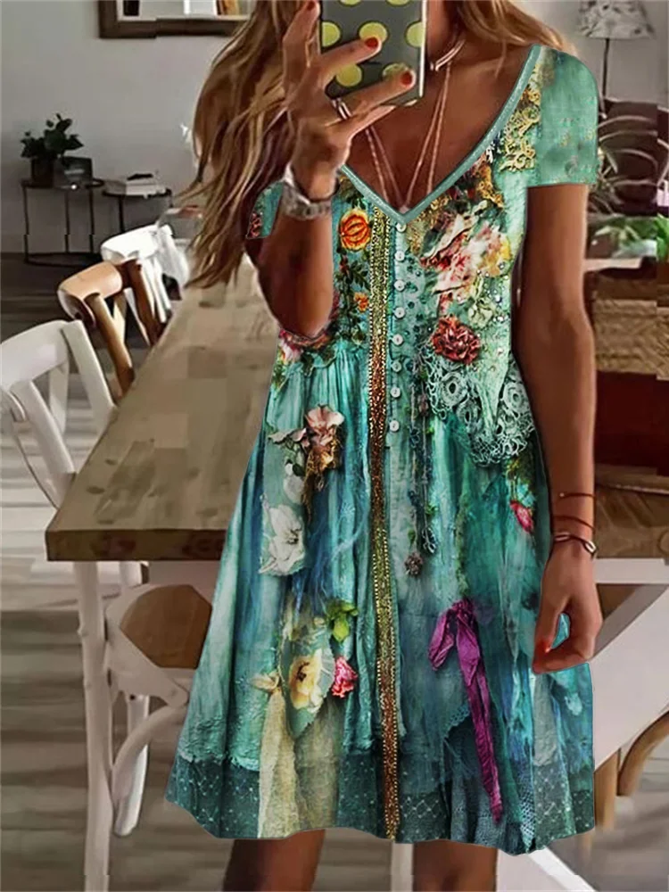Vintage Boho Floral Lace Patchwork Midi Dress