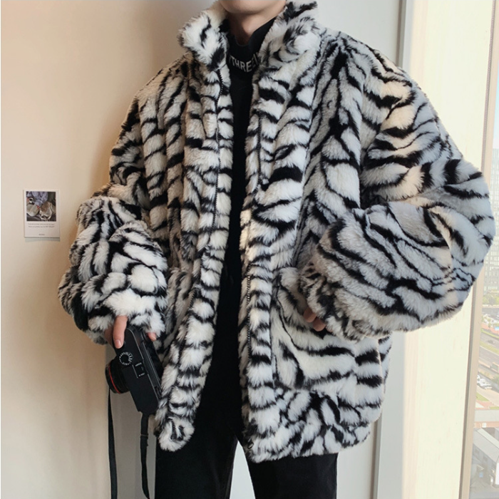 Loose Furry Men's Tiger Leopard Print Harajuku Style Vintage Jacket
