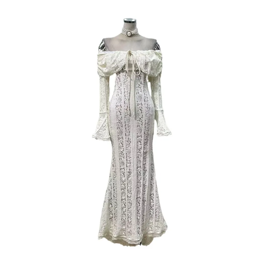 Brownm Spring Romantic Elegant Lace Shoulder Horn Long Sleeves Of Long Dress
