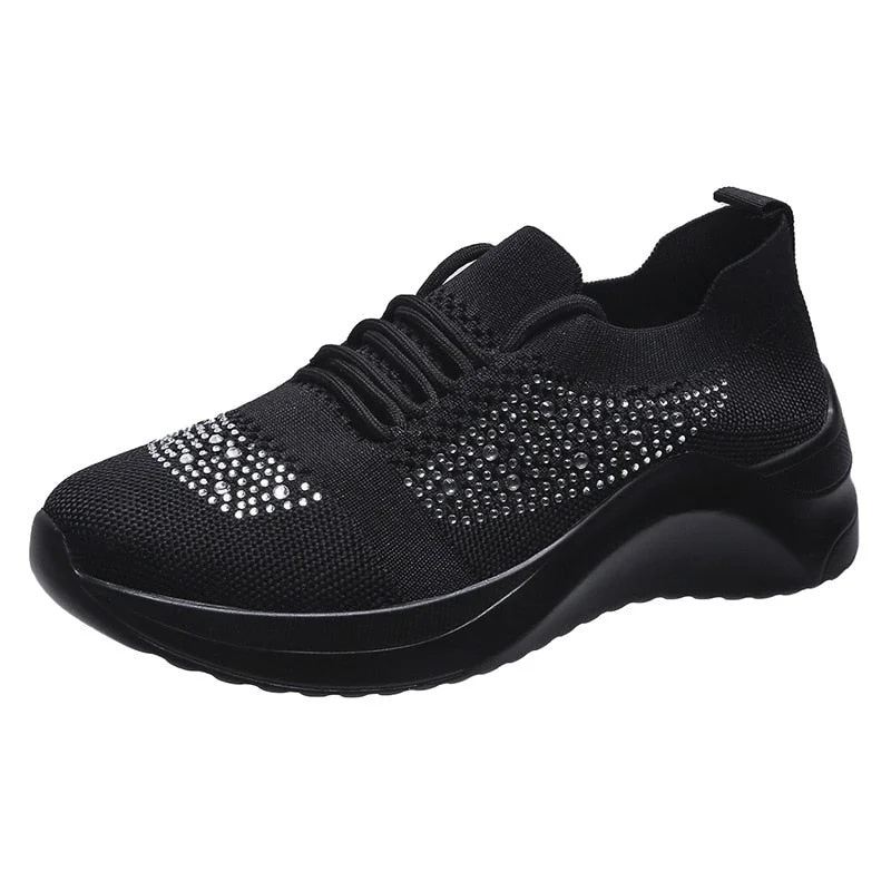 Women Shoes 2021 Lace Up Platform Socks Sneakers Women Breathable Trainers Women Mesh Rhinestone Non Slip Casual Running Shoes