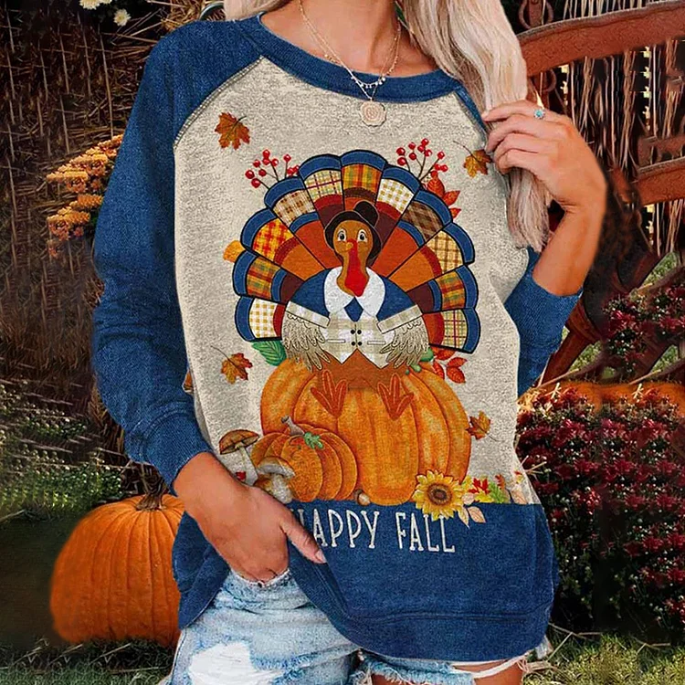 Happy Fall Pumpkin Turkey Print Sweatshirt