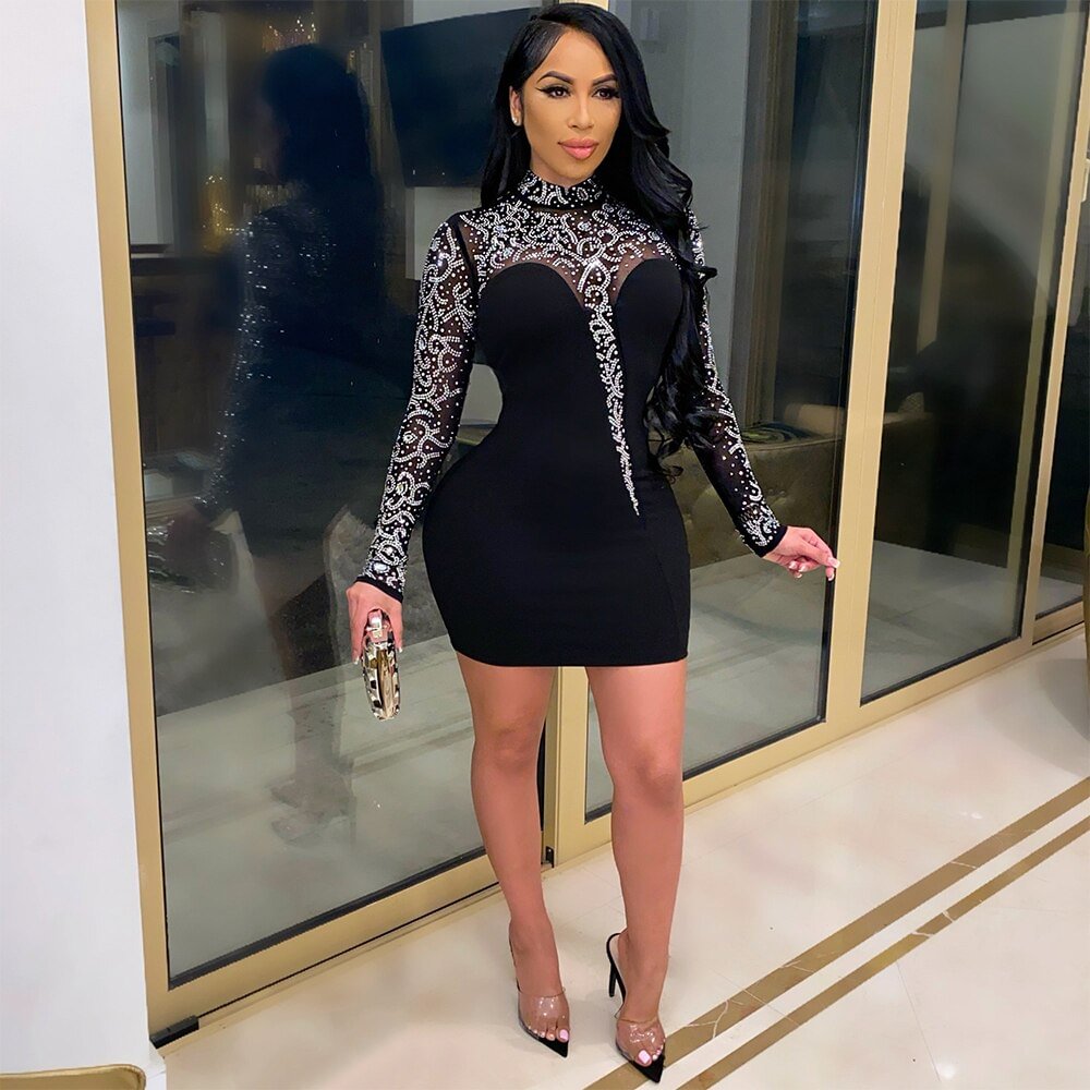 hirigin Gorgeous Crystal Mini Dress Womens Elegant White Sequins Patchwork Party Club Dress BIrthday Outfits 2021 New