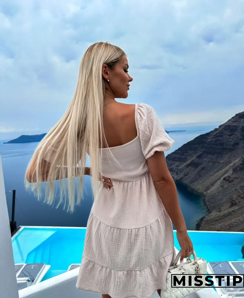 Solid Color V-neck Lace-up Short Sleeve Pleated Mini Dress