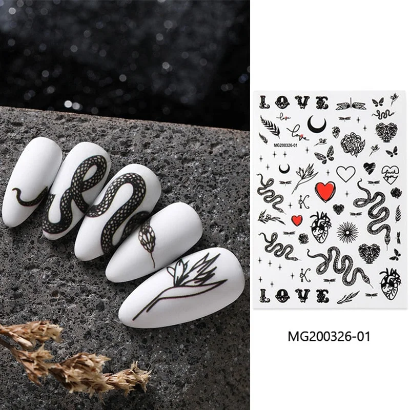 3D Chinese Red Black Dragon Manicure Decor Stickers Snake Nail Sticker DIY Self Adhesive Nail Decals Acrylic Nail Art Decoration-Nail Inspo