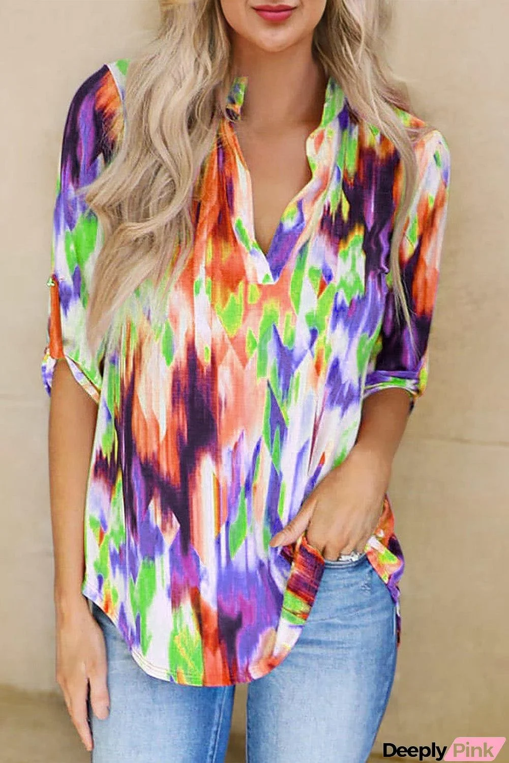 Tie Dye Button Tab-Sleeve V-Neck Blouse