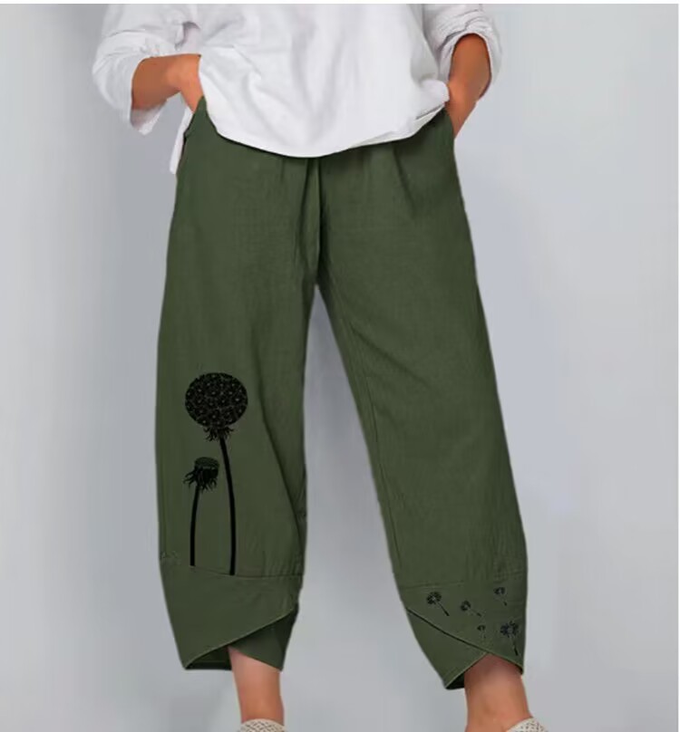 Mature Women Plus Size Casual Printed Cotton And Linen High Waist Cropped Pants