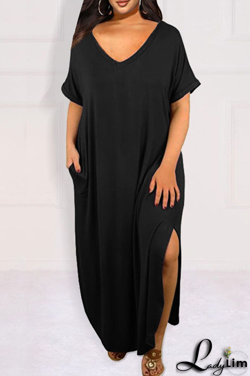 Blue Casual Solid Patchwork Slit V Neck T-shirt Dress Plus Size Dresses