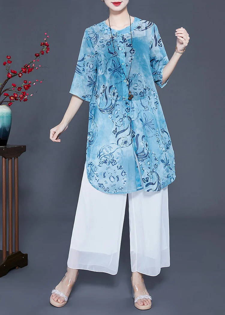 Women Blue Print Oversized Side Open Long Shirts And Pants Two-Piece Set Summer