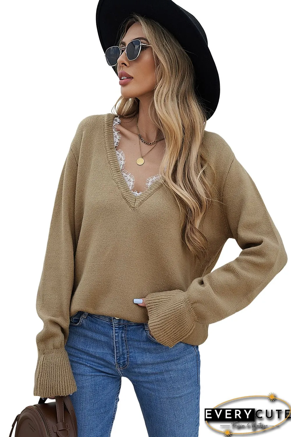 Khaki Eyelash V Neck Knitted Sweater